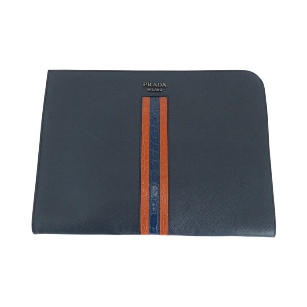 Prada Saffiano Crocodile Logo Leather Clutch